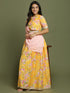 Girl's Yellow Floral Print Crop Top & Lehenga Set With Dupatta